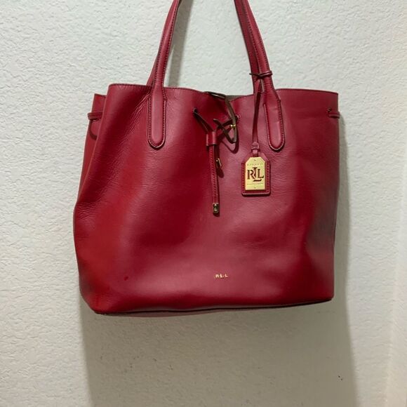 Ralph Lauren Red Leather Tote drawstring open top - Picture 1 of 11